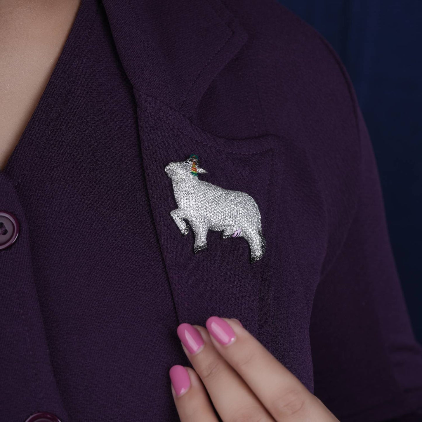 925 Silver Pichwai Cow Moissanite Diamond Brooch