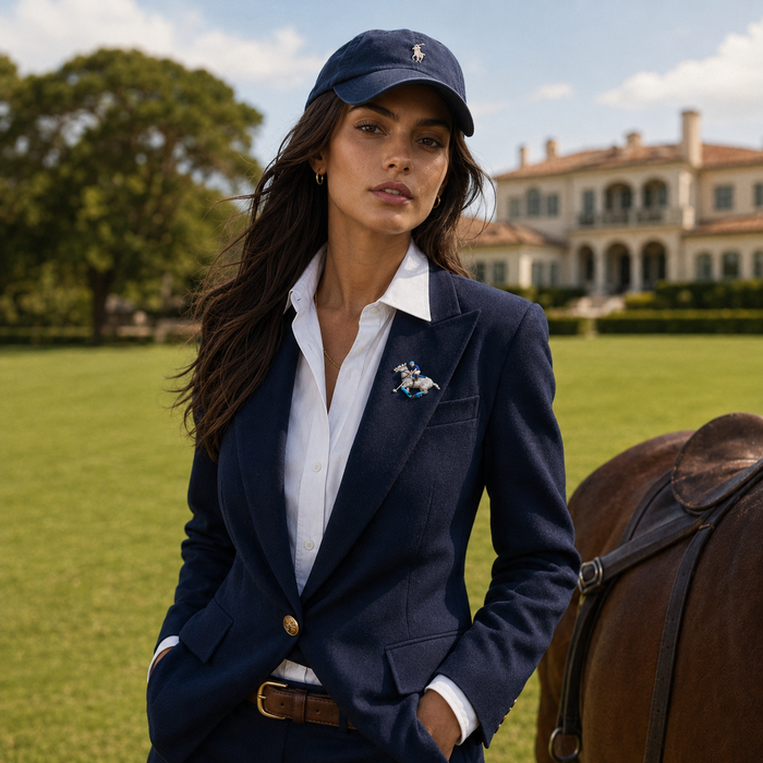 Woman in equestrian attire standing next to a horse on a grassy field with a mansion in the background wearing a 925 Silver Polo Horse Moissanite Diamond Enamel Brooch