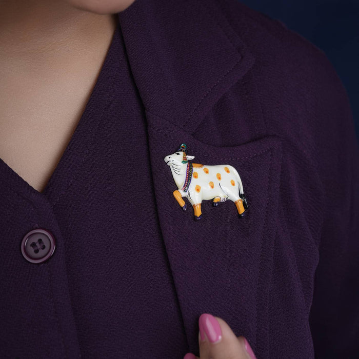 925 silver pichwai cow enamel brooch