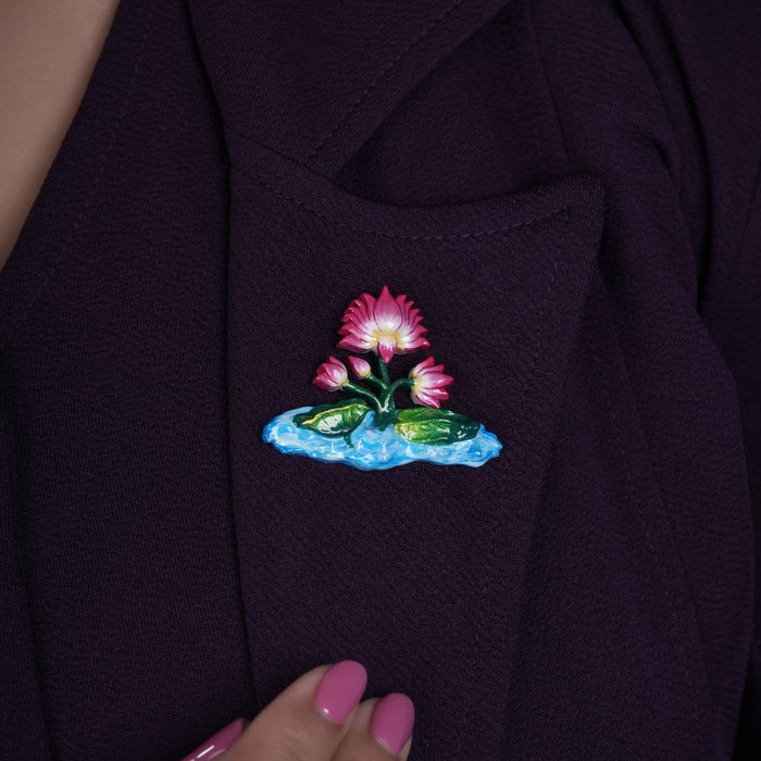 925 silver Pichwai lotus enamel brooch