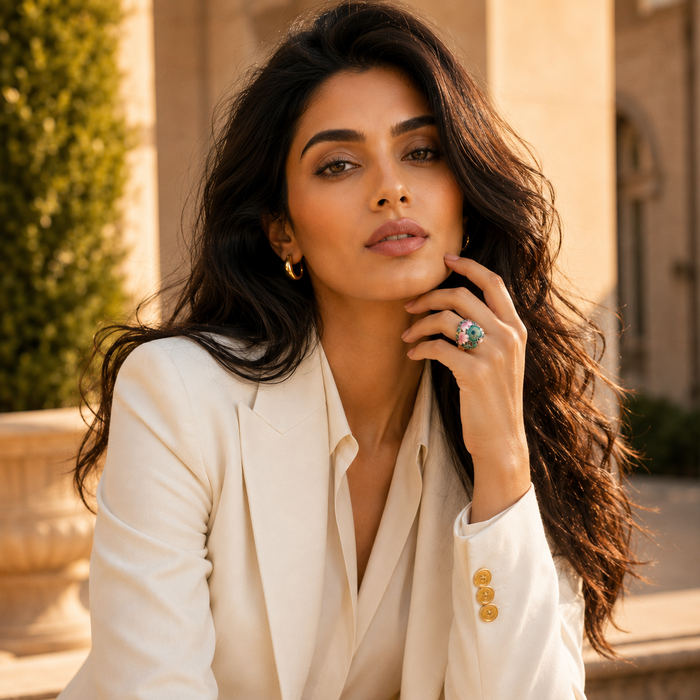 Woman in a white blazer with a blurred background wearing a 925 silver lotus enamel ring