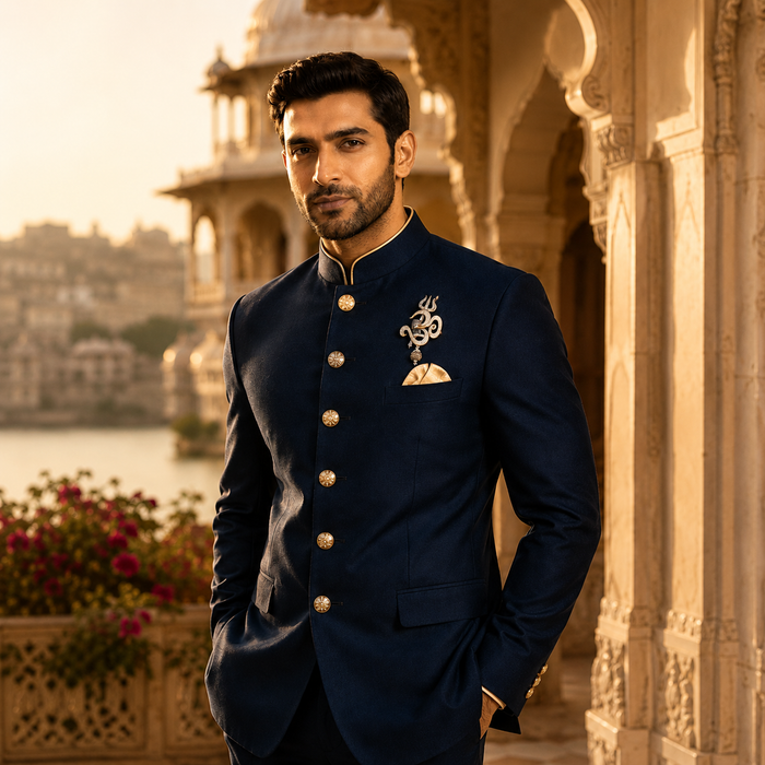 Man in a navy blue suit with gold buttons standing in front of an architectural structure wearing a 925 silver moissanite diamond OM brooch.