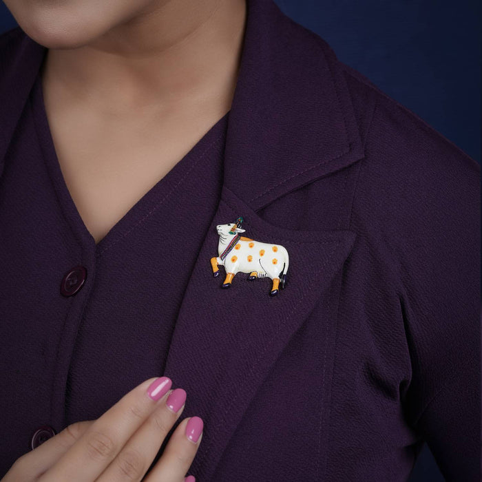 925 silver pichwai cow enamel brooch