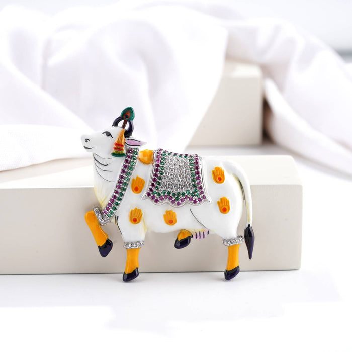 925 silver pichwai cow vastra moissanite diamond enamel brooch