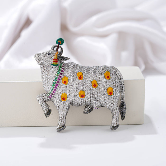 925 silver pichwai cow panja moissanite diamond brooch