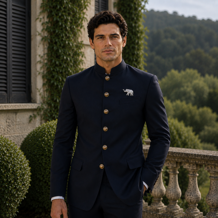 Man in a dark suit standing outdoors with greenery in the background wearing 925 silver elephant moissanite diamond brooch.