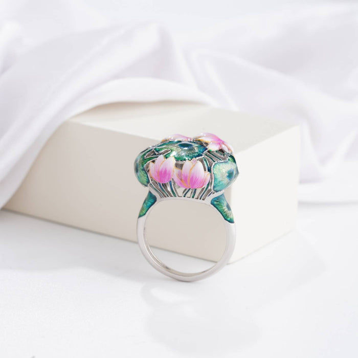 925 silver lotus enamel ring