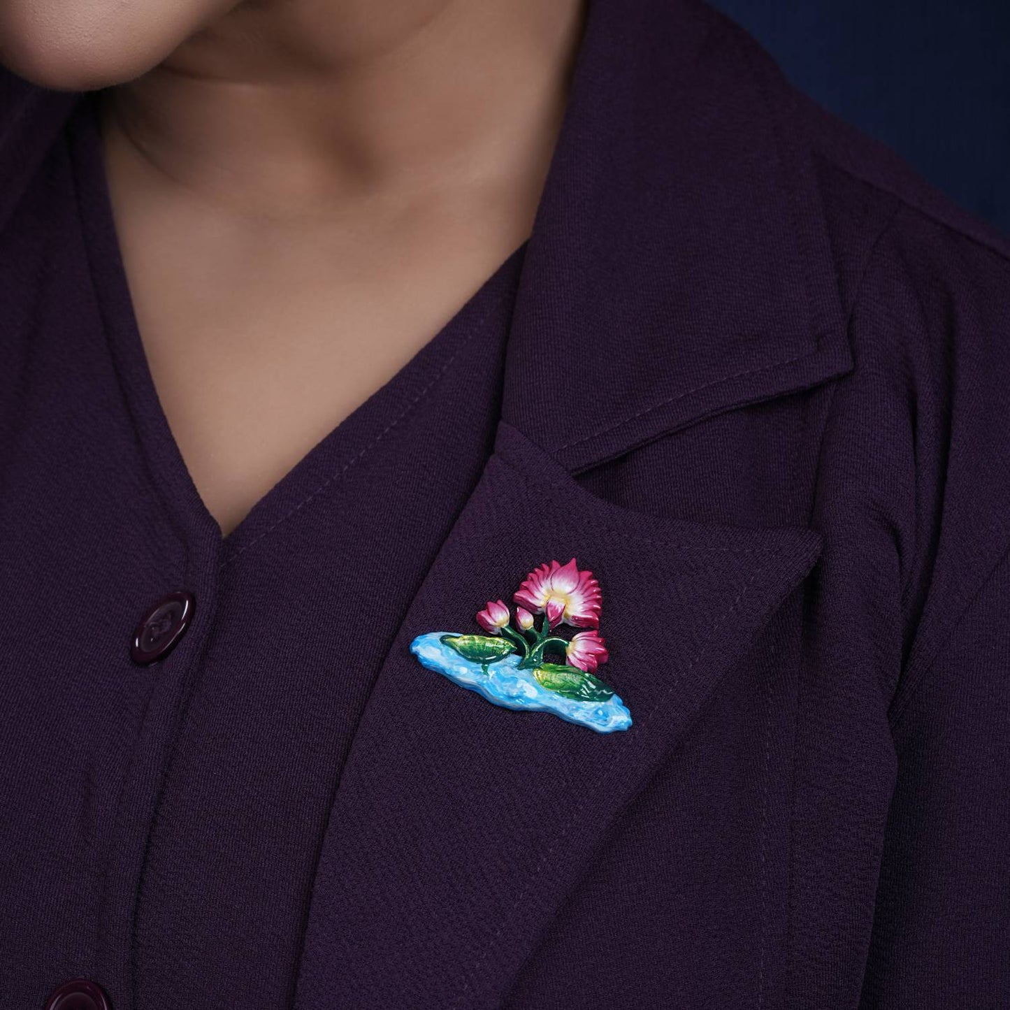925 silver Pichwai lotus enamel brooch