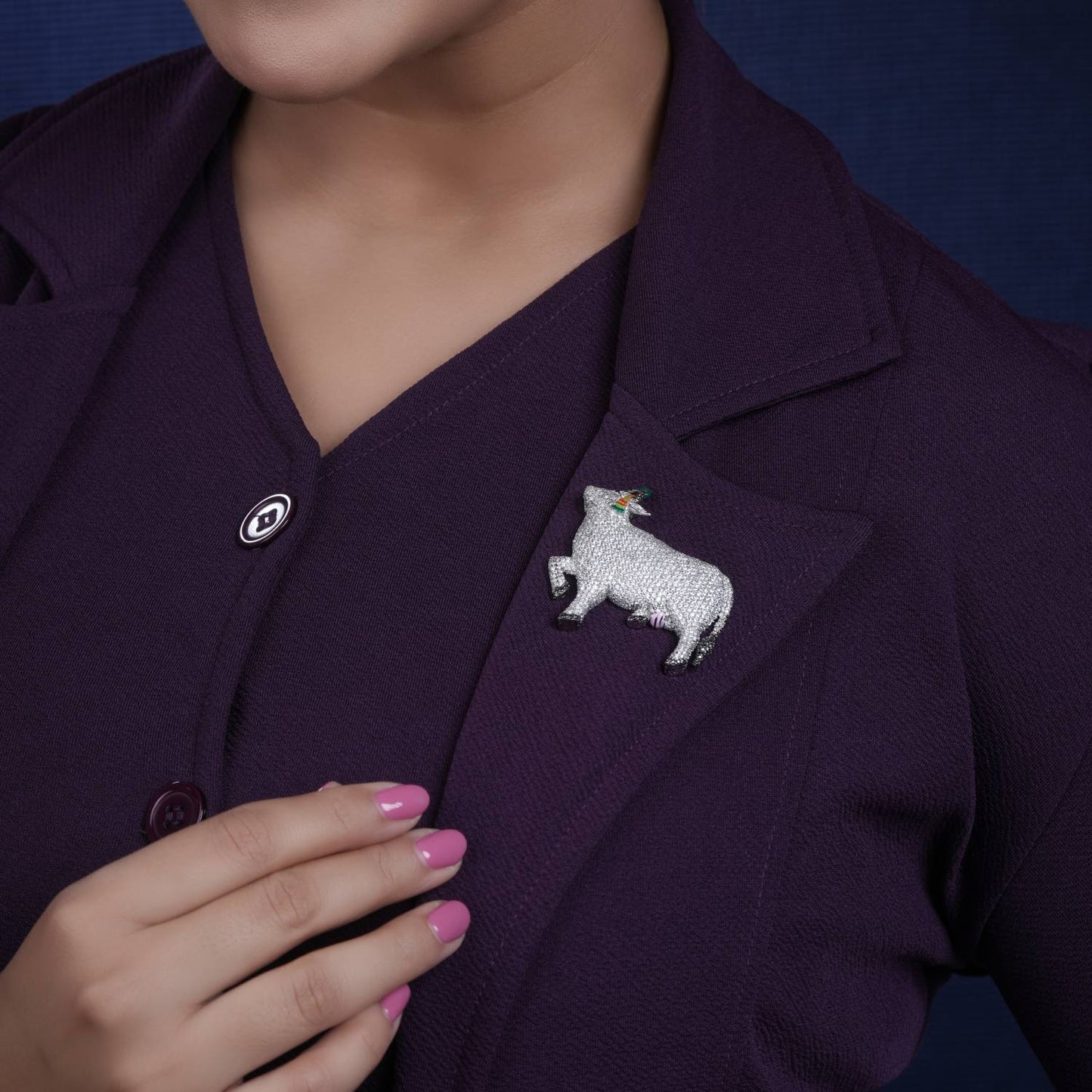Silver Pichwai Cow Moissanite Diamond Brooch