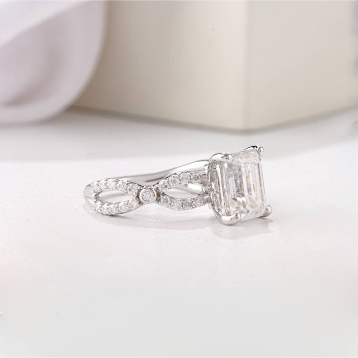 Emerald Cut Moissanite Diamond Pave Set Twisted Shank Engagement Ring