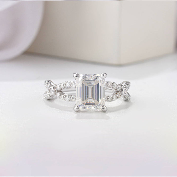 Emerald Cut Moissanite Diamond Pave Set Twisted Shank Engagement Ring