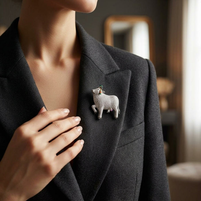 Person wearing a black coat with a decorative 925 silver pichwai cow moissanite diamond brooch on a blurred indoor background
