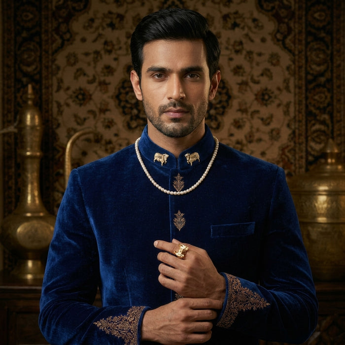 Man wearing a blue velvet outfit with intricate designs in a decorative setting with 925 silver pichwai cow enamel neck pin