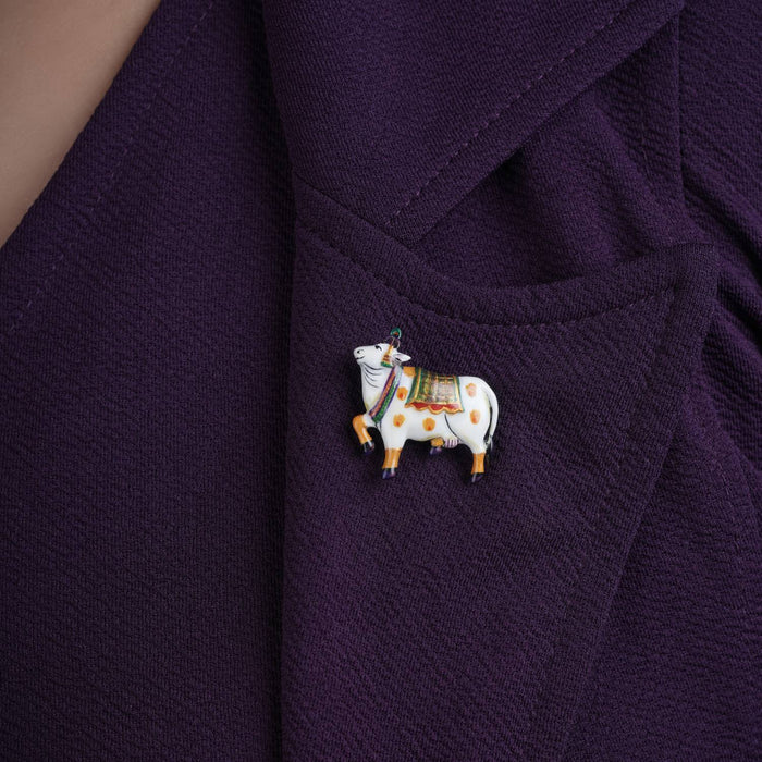 925 silver pichwai cow enamel neck pin