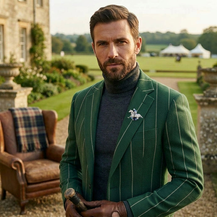 Man in a green suit wearing a 925 Silver Polo Horse Moissanite Diamond Enamel Brooch standing in a garden with a castle-like building in the background