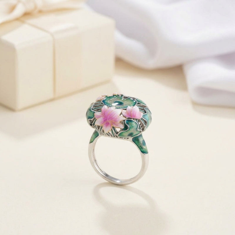 925 silver Pichwai lotus enamel ring with floral design on a light background