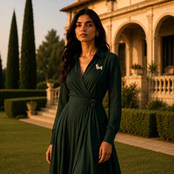 Woman in a green dress standing in front of an elegant building with arches, wearing a 925 silver pichwai cow vastra enamel brooch.