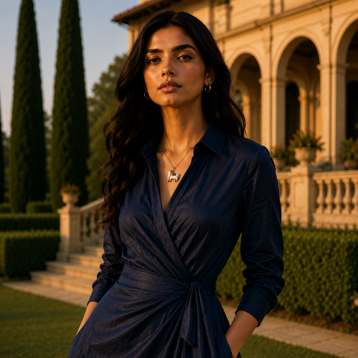 Woman in a navy blue dress standing in front of an elegant building with arches, wearing a 925 silver pichwai cow vastra enamel brooch cum pendant in her neck