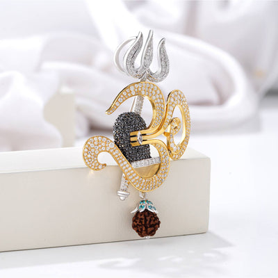 925 silver OM moissanite brooch with Trishul, Rudraksha and Shivling