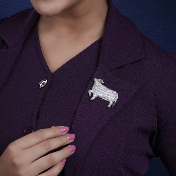 Silver Pichwai cow moissanite brooch, hand-finished