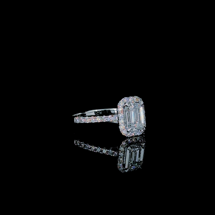 Emerald cut halo engagement ring, side profile