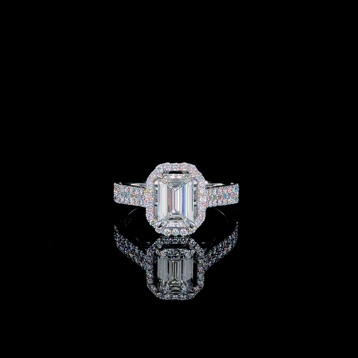 Emerald cut halo pave shank ring, side profile