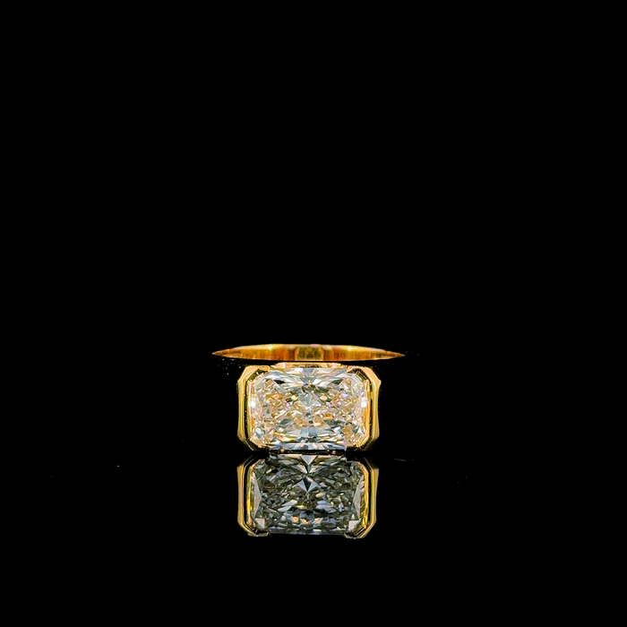 Men's radiant cut bezel-set solitaire ring, front-facing view of stone