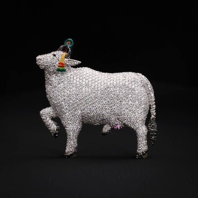 Pichwai Kamdhenu cow brooch in 925 silver with moissanite