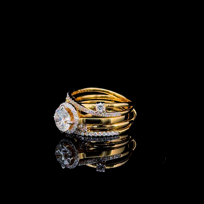 Round halo bridal ring set, stacked side angle