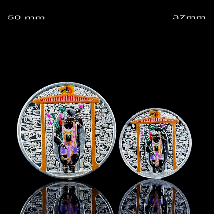 Shrinathji 25 gram 999 purity enamel silver coin, Nathdwara carving
